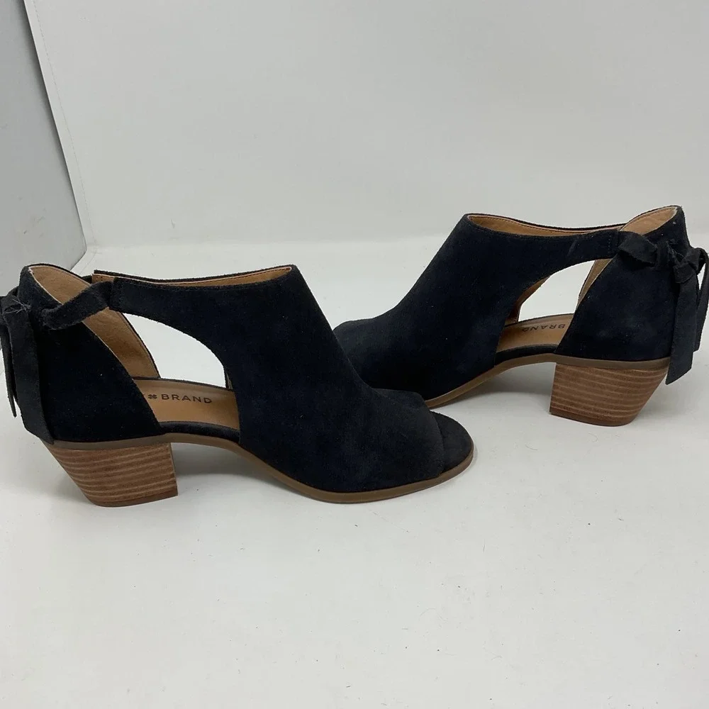 Lucky Brand Womens 8.5 Black Suede Peep Toe Cutout Block Heel Booties Tie Back